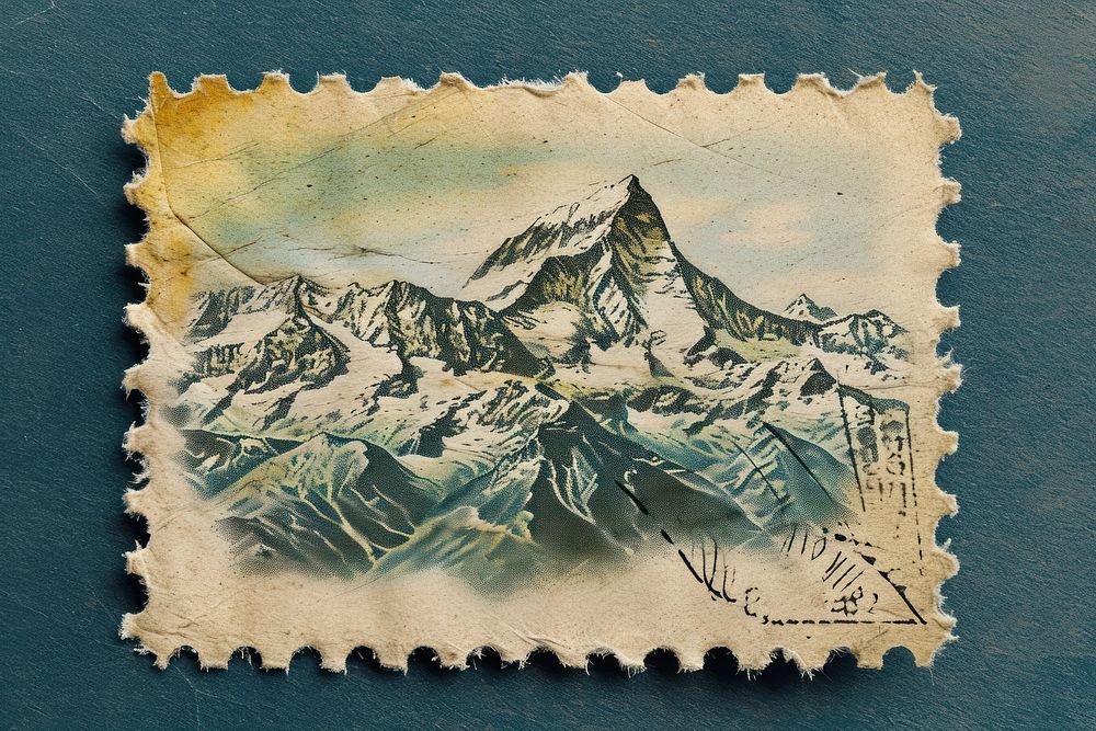 Vintage postage stamp with mountain paper creativity painting.