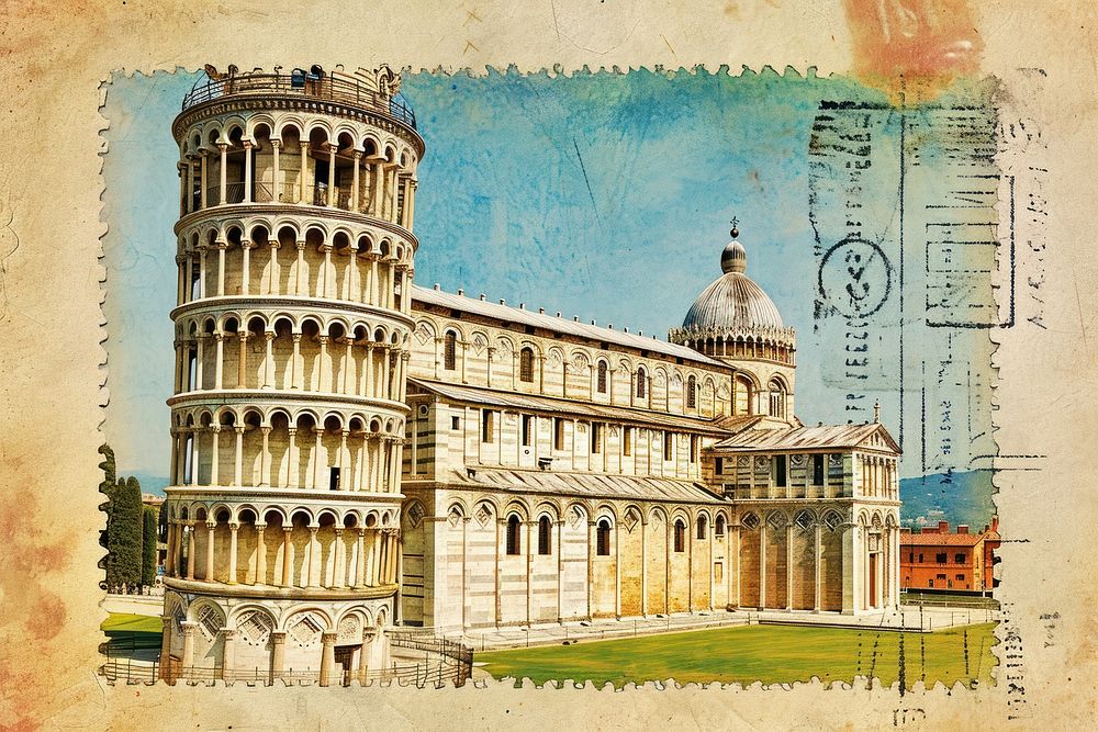 Vintage postage stamp with pisa architecture building landmark.