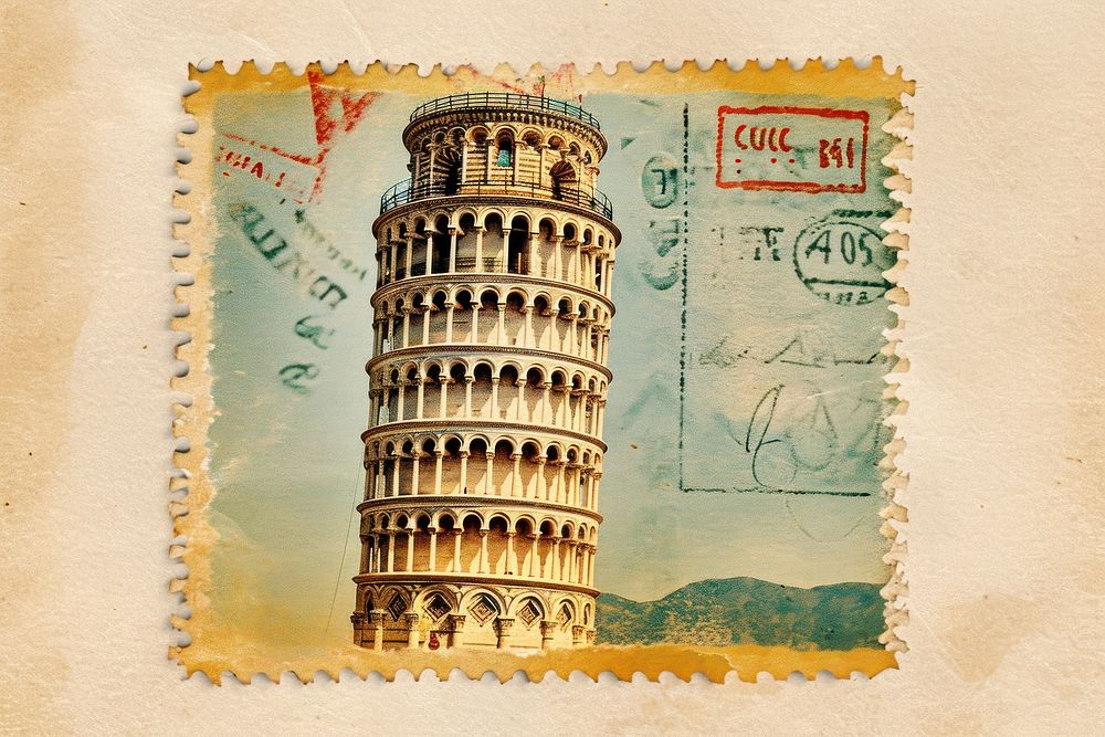Vintage postage stamp with pisa architecture currency banknote.