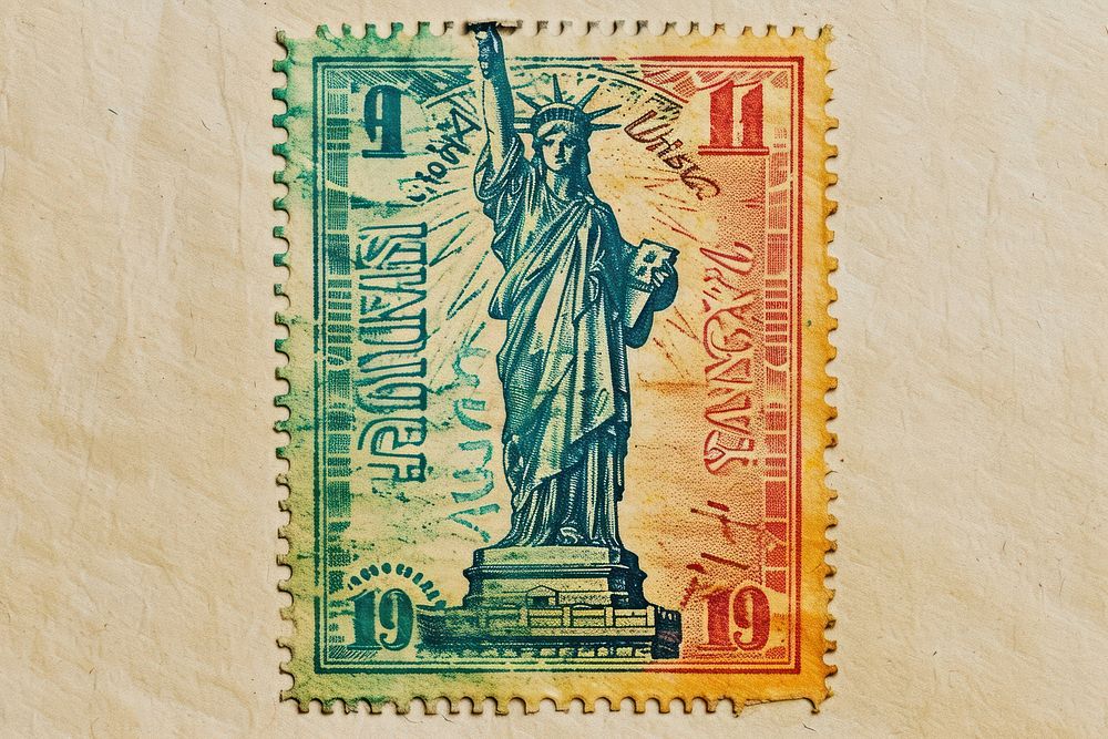 Vintage postage stamp with statue of liberty representation creativity sculpture.