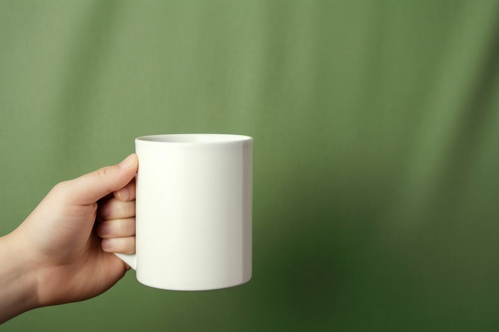 Coffee cup  holding green hand.