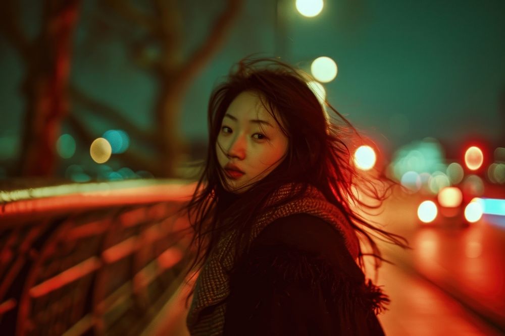 Korean Woman night portrait outdoors.