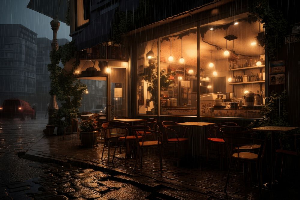 Coffee shop in rainy day illuminated restaurant lighting.