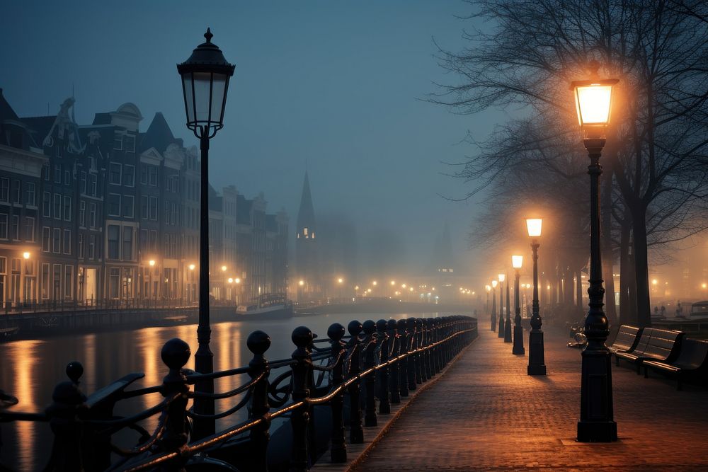 A foggy day architecture illuminated cityscape.