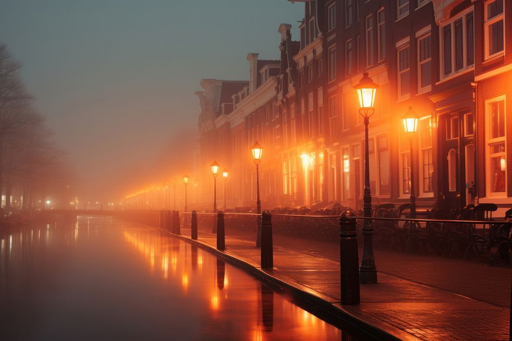 A foggy day light architecture illuminated.