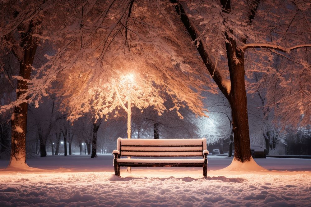 A snowy night bench park illuminated.