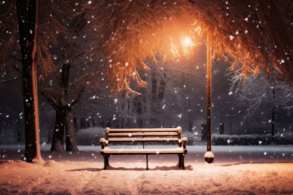 A snowy night bench illuminated furniture.