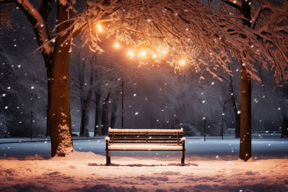 A snowy night bench illuminated outdoors.