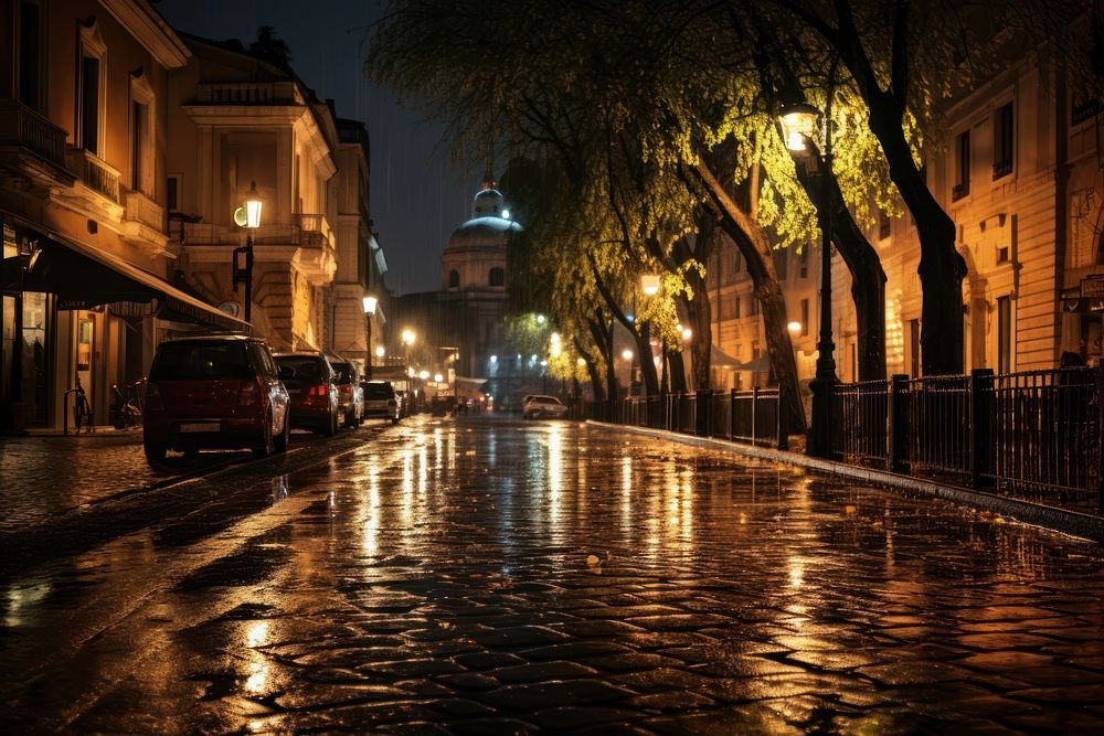 A rain storm night architecture illuminated cobblestone.