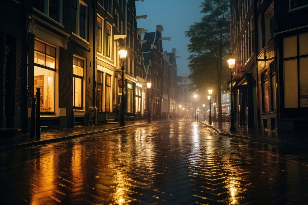 A rainy day illuminated street alley.