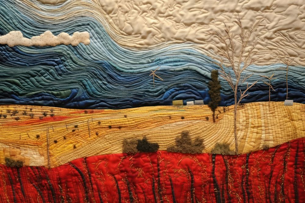 Farm field landscape textile quilt.