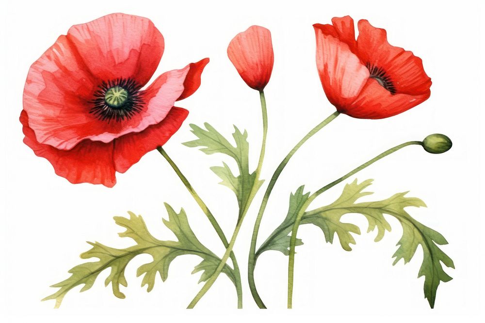 Watercolor poppy flower plant white background inflorescence.