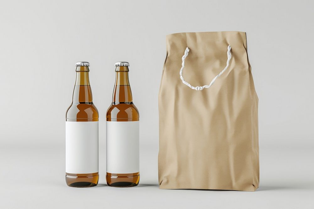 Beers pack paper bag packaging  bottle white background refreshment.