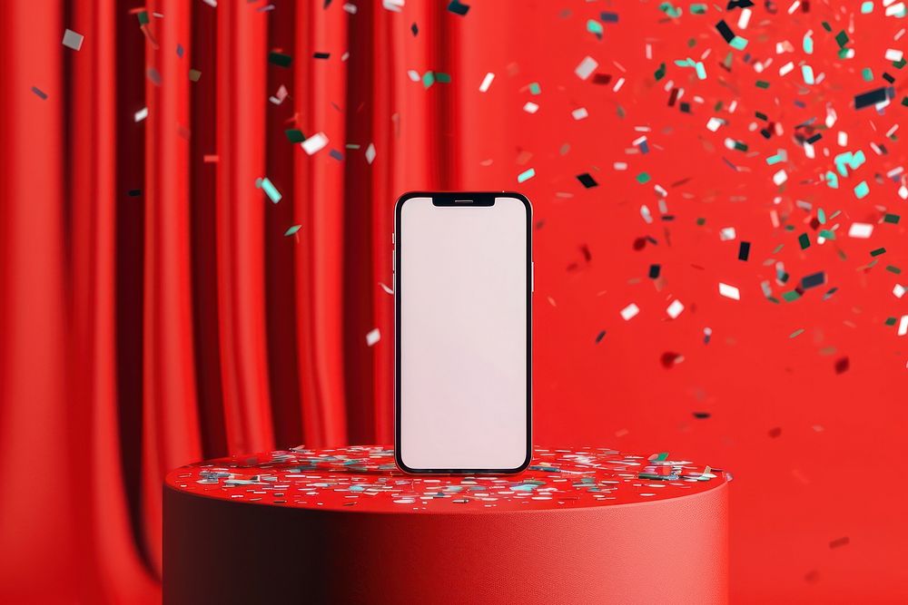 Mobile phone  celebration confetti red.