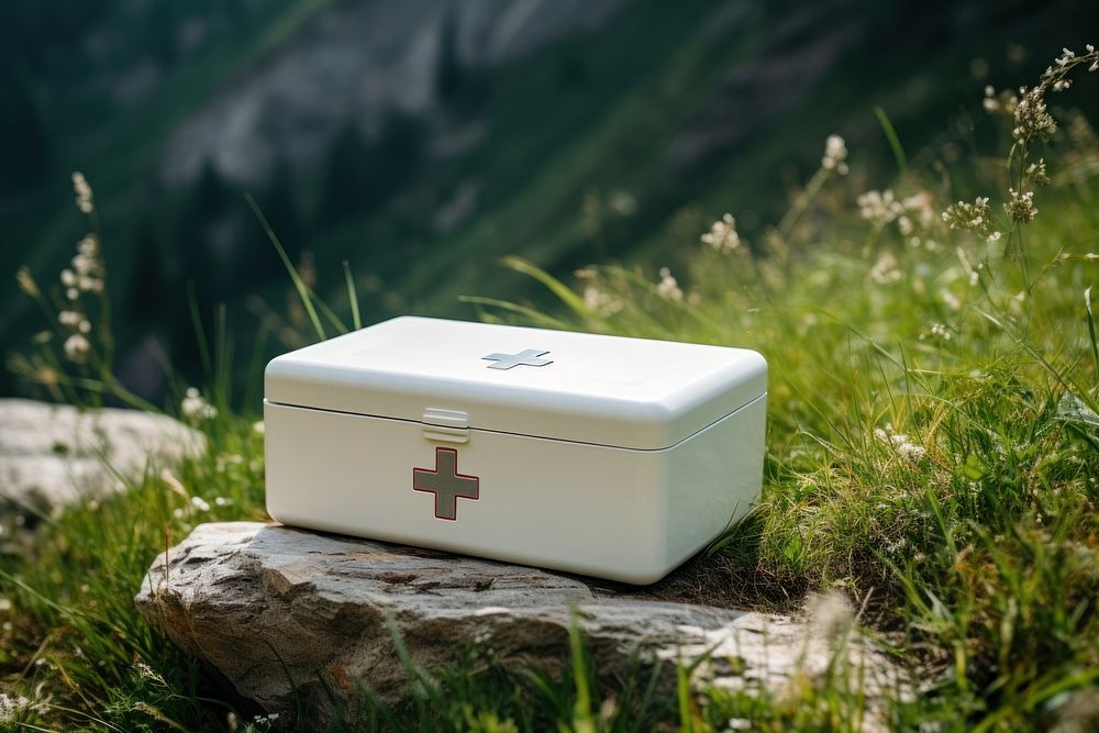 First aid kid box  landscape mountain white.