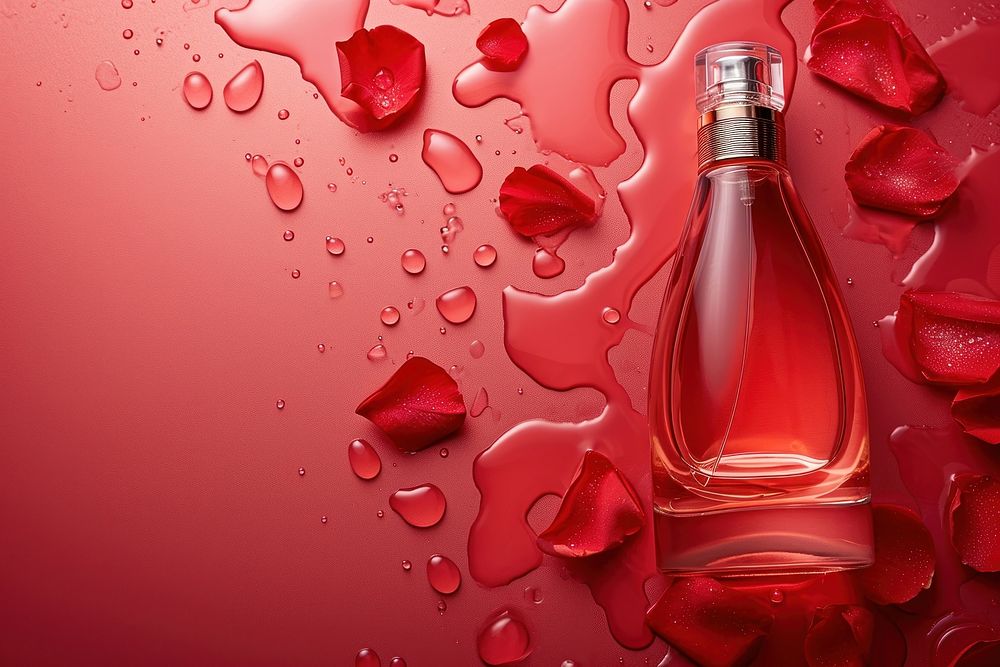 Perfume glasses bottle  petal rose red.
