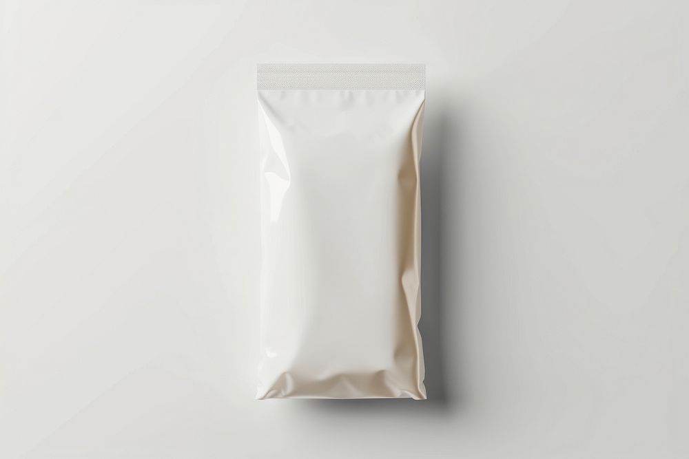 Snack plastic with blank label  packaging white background crumpled powder.