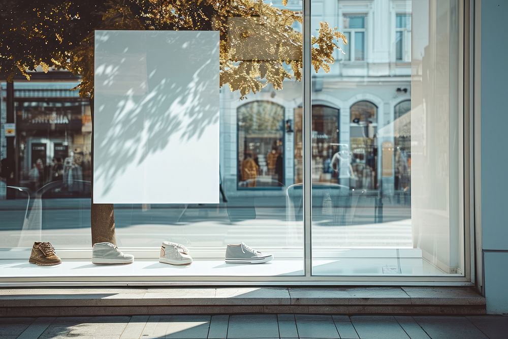 Shoe store window glass architecture.