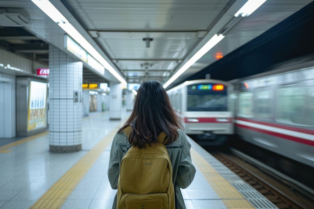 Woman in back with backpack train station vehicle.