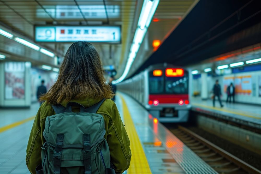 Woman train arriving backpack.