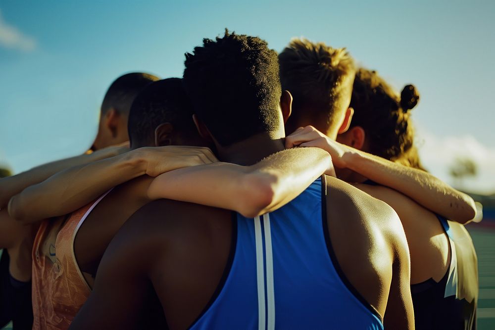 Athletes standing in embracing each other sports unity togetherness.
