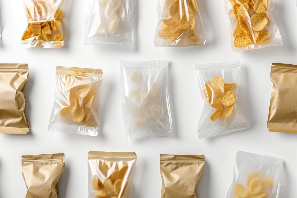 Snack bags in various shapes food white background ingredient.