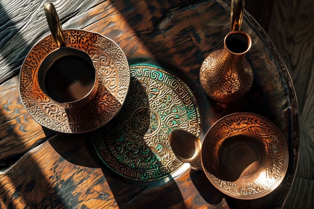 Arabic coffee pot set art refreshment handicraft.