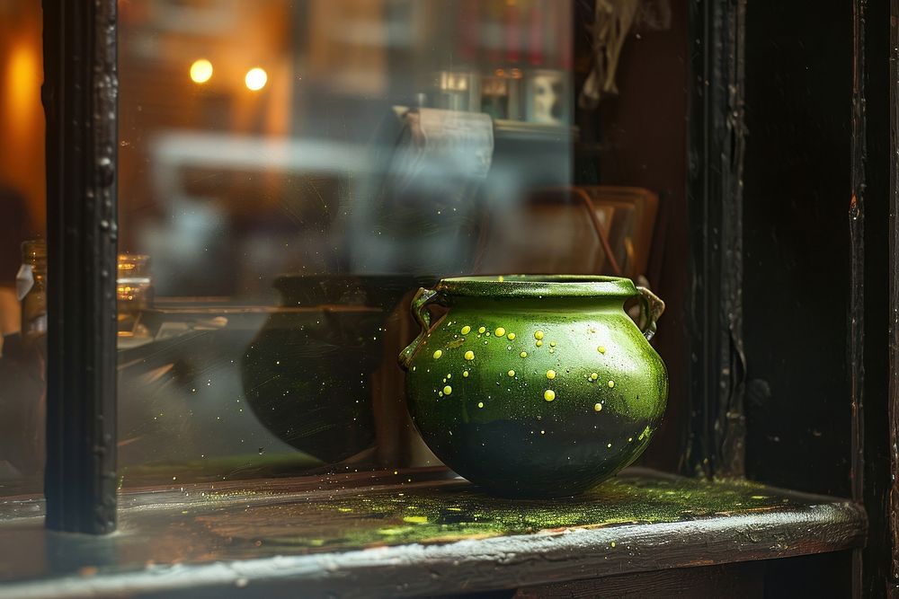 A cauldron lighting window glass.