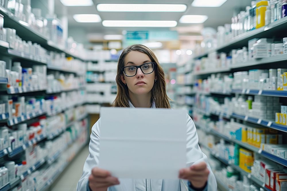 White paper sign pharmacy holding glasses.