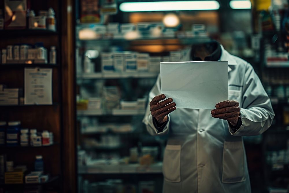 White paper sign scientist pharmacy holding.