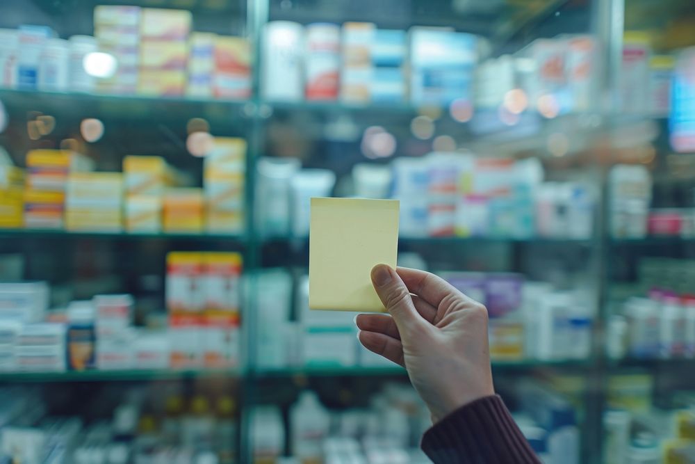 Sticky note pharmacy store hand.