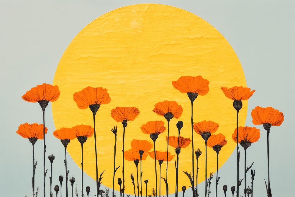 Flower marigold field art painting outdoors.