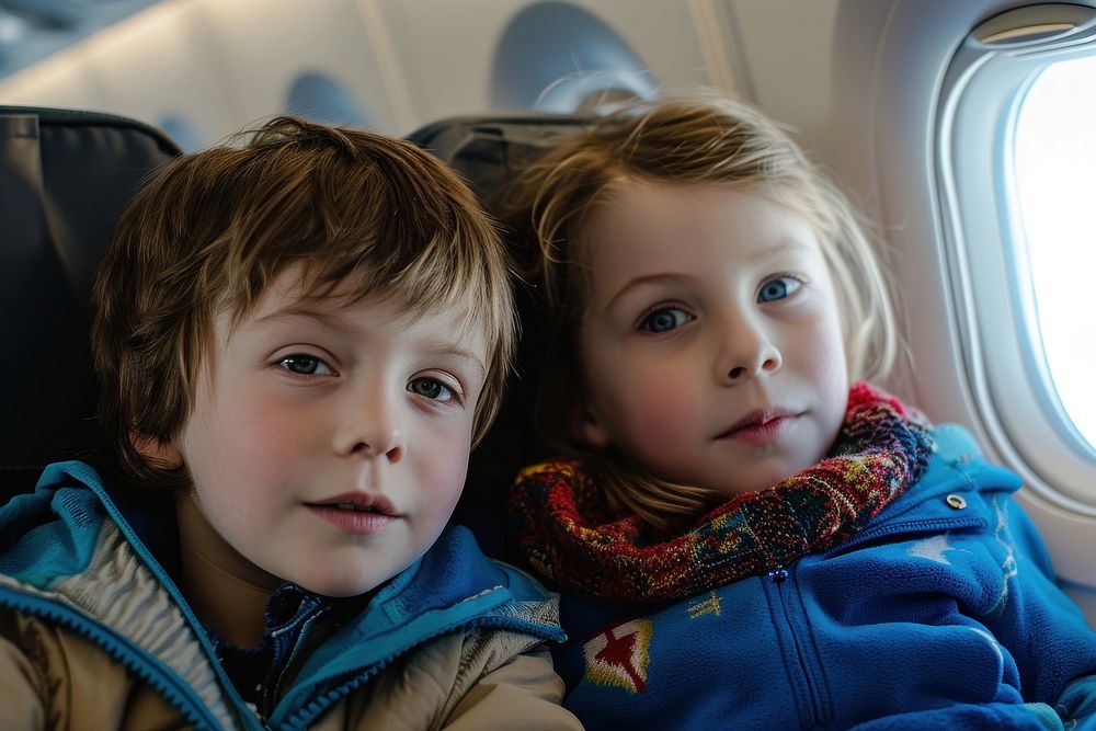 2 siblings sit in a plane portrait vehicle holiday.