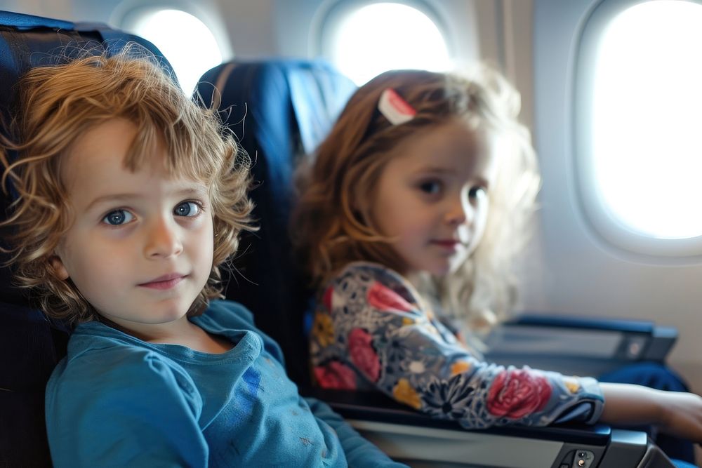 2 siblings sit in a plane airplane portrait vehicle.