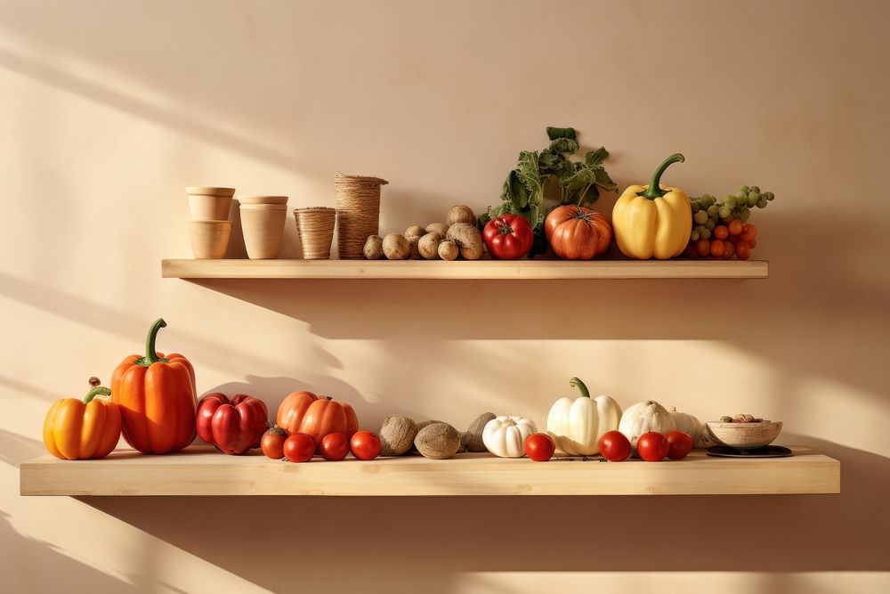 Vegetables on shelf plant food arrangement.