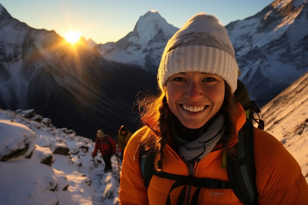 Vietnamese woman hiking Everest snow recreation landscape.