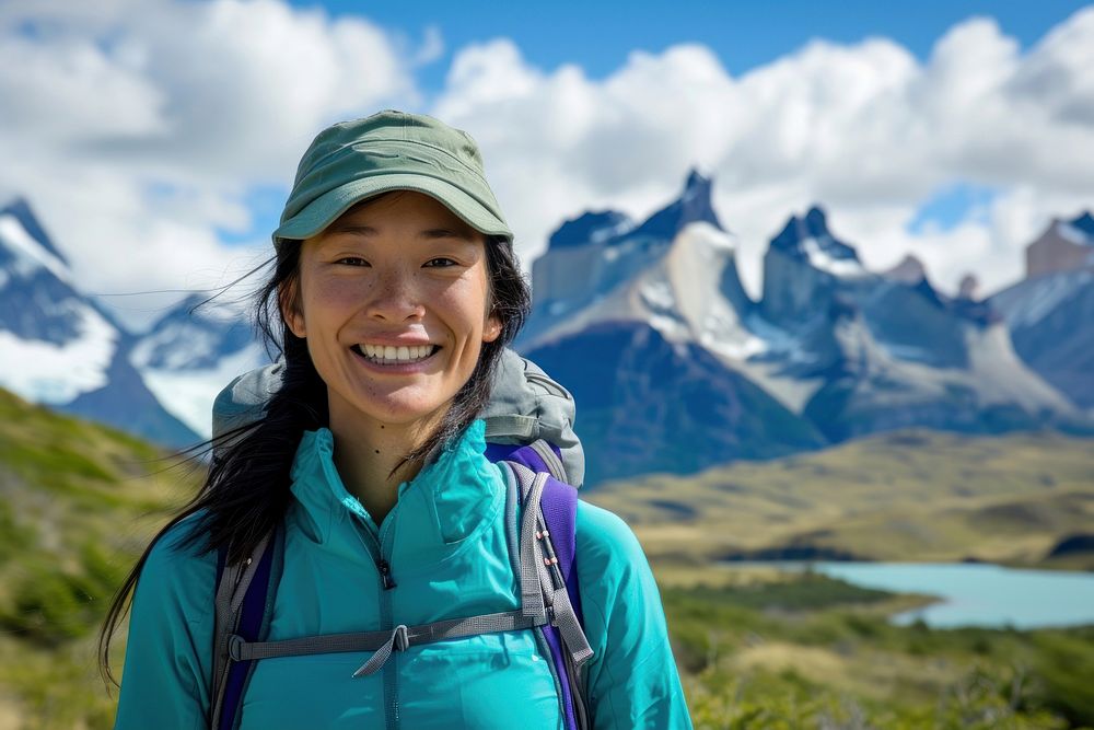 Vietnamese woman hiking patagonia backpacking recreation adventure.