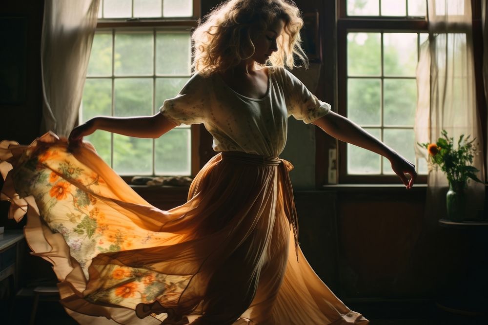 Woman dances in the living room dancing dress adult.
