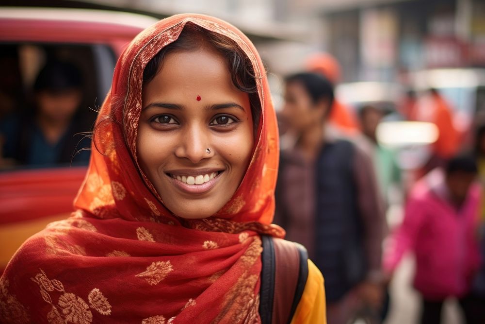 Woman in new delhi street scarf adult smile.