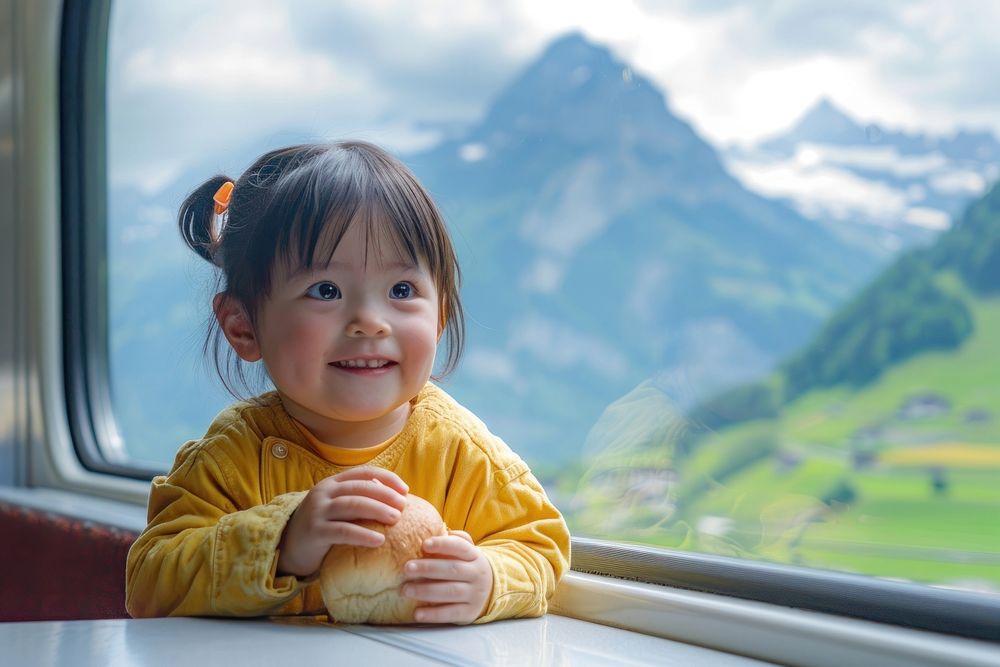 Asian kid with sandwich on a train table window portrait mountain.