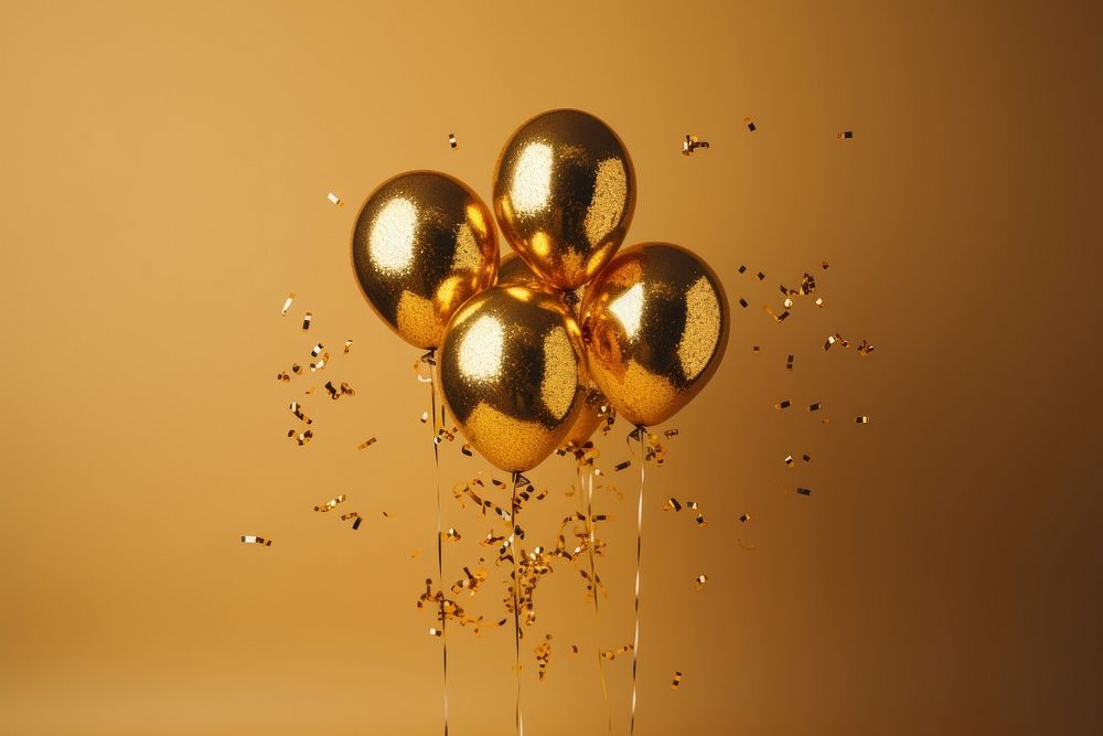 Photo of a foil balloons confetti gold celebration.