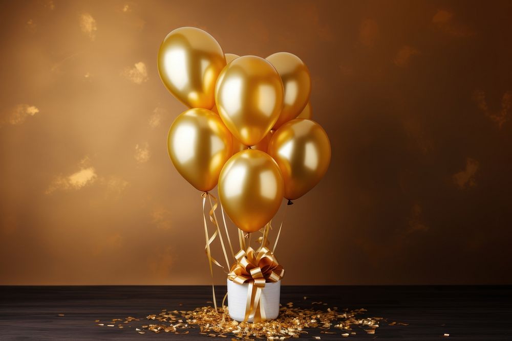 Photo of a foil balloons gold illuminated celebration.