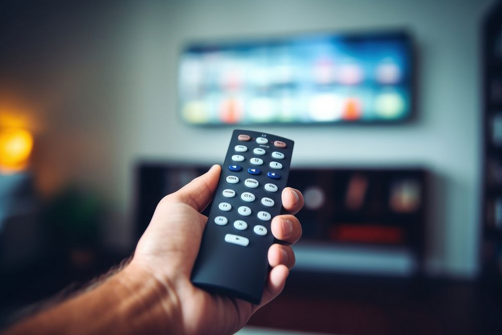 A hand holding remote control television screen electronics.