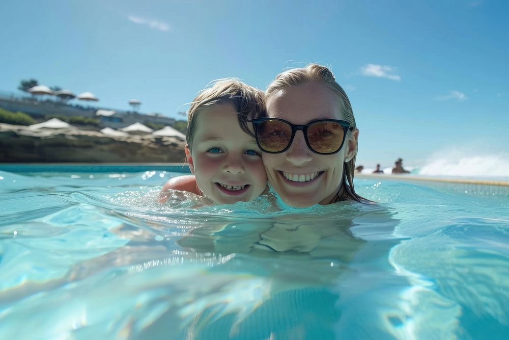 Kid and mother in australia icebergs pool sunglasses swimming outdoors.