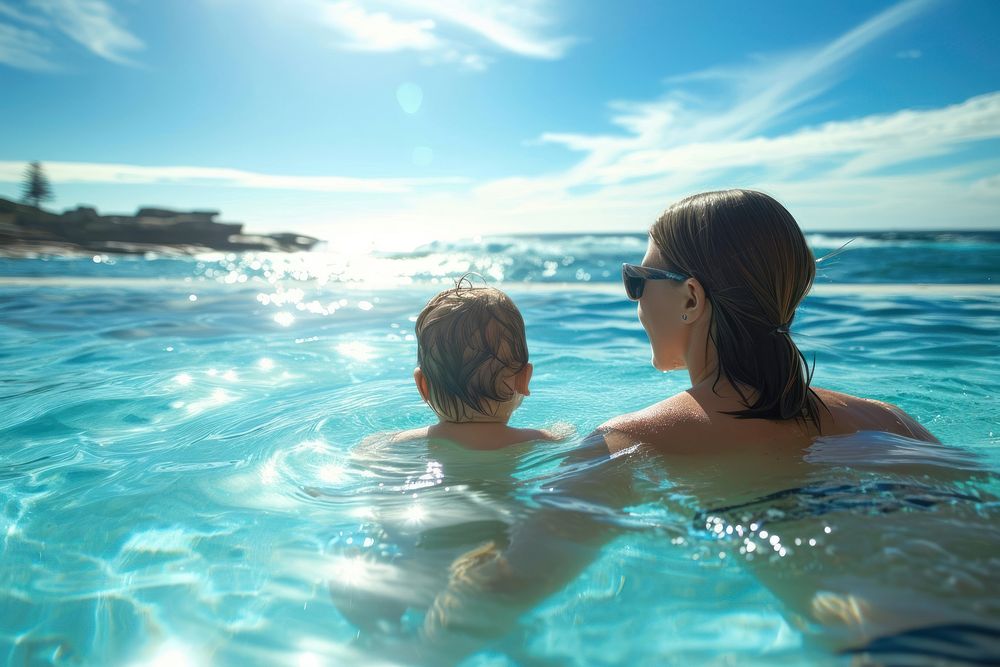 Kid and mother in icebergs pool swimming outdoors vacation.