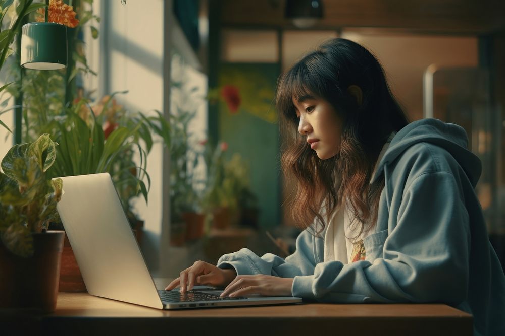Asian woman uses laptop computer adult contemplation.