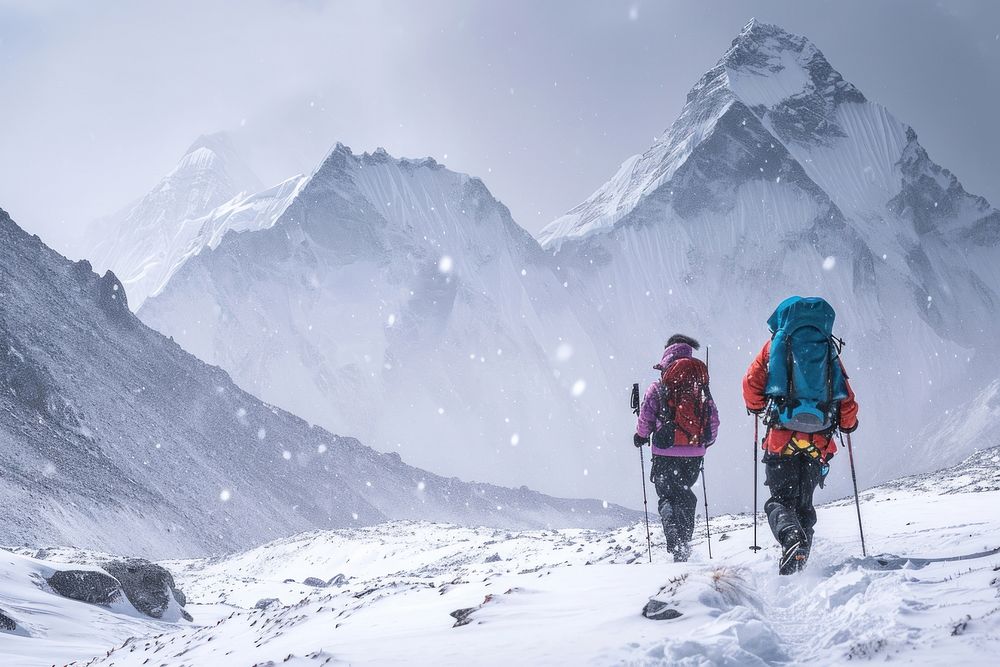 Asian couple hiking Everest snow mountain backpack.