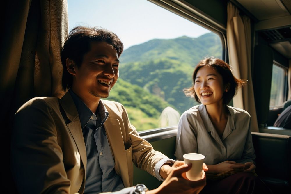 Asian couple with hot coffee mountain window adult.