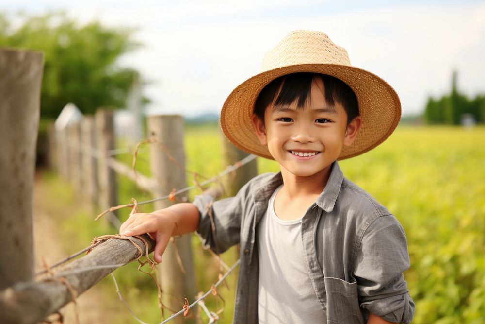 Asian kid farmers outdoors smiling field.