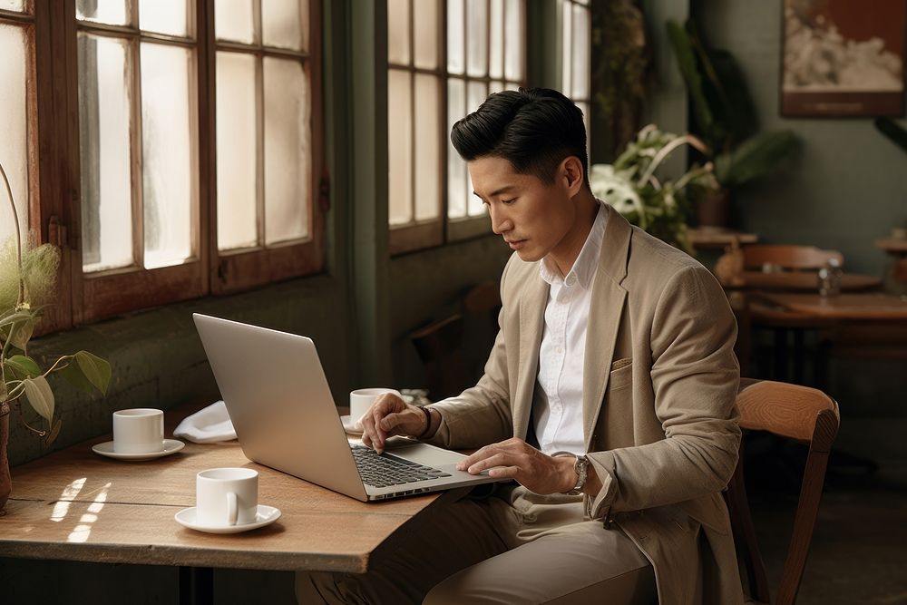 Asian man uses laptop computer sitting coffee.